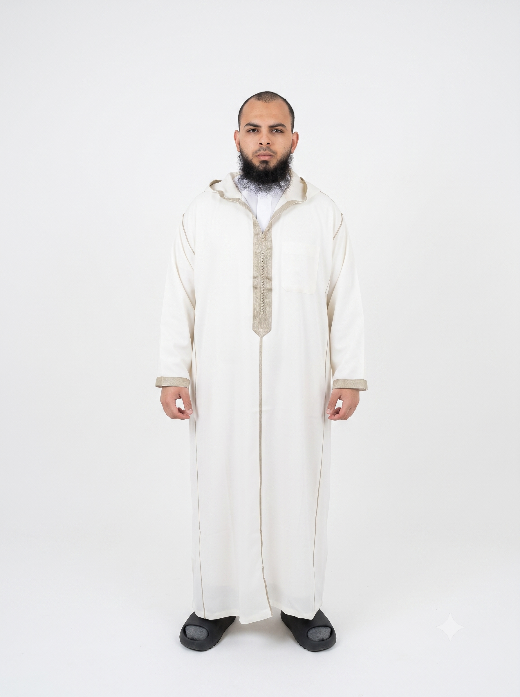 Moroccan Summer Djellaba - Broken White with Olive Buttons