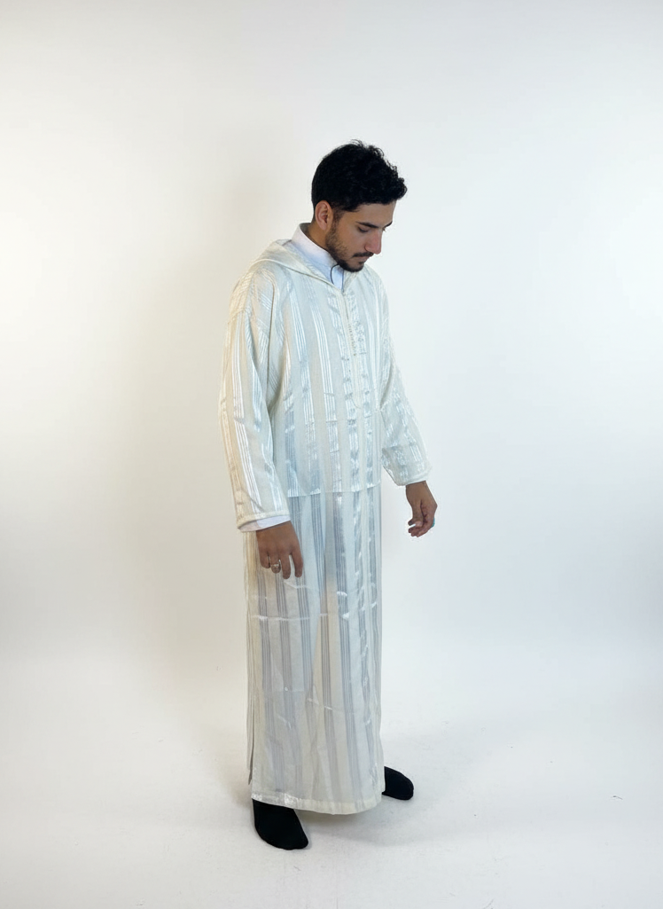 Moroccan Summer Djellaba Al-Habba Al-Fasiya - Silver Striped