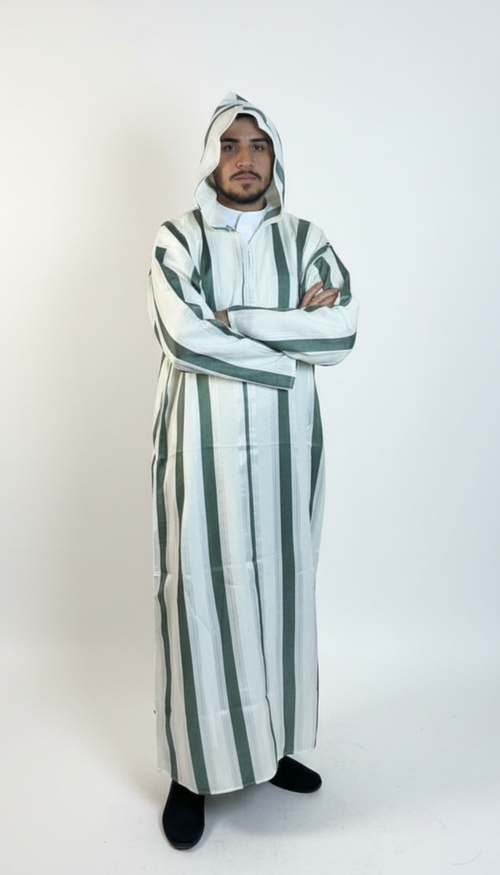 Moroccan Summer Djellaba Al-Habba Al-Fasiya - Green Striped